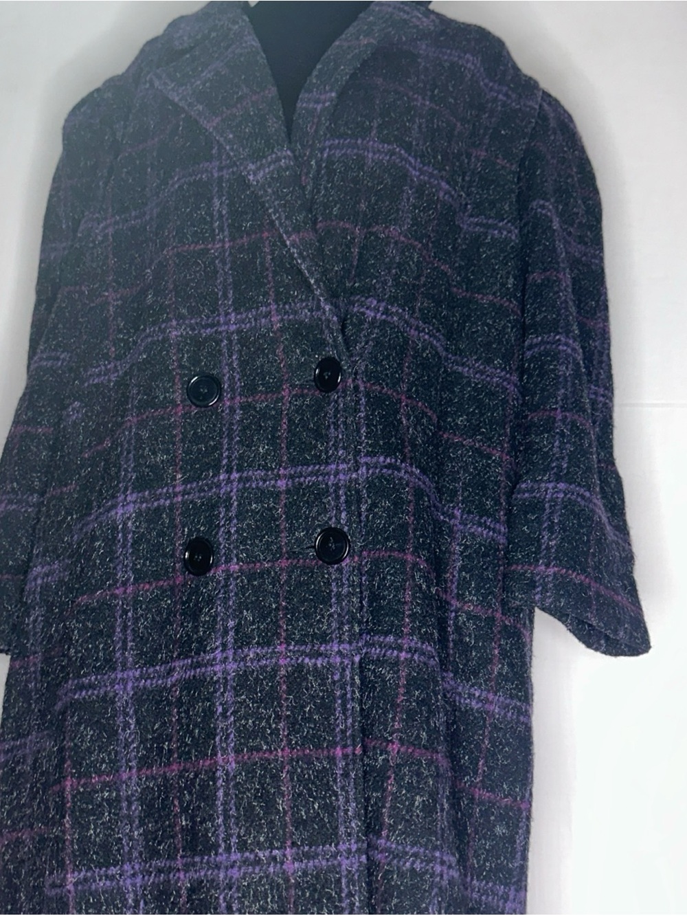 Women's Vintage Wool Double-Breasted Plaid Trench Coat - Purple/Black